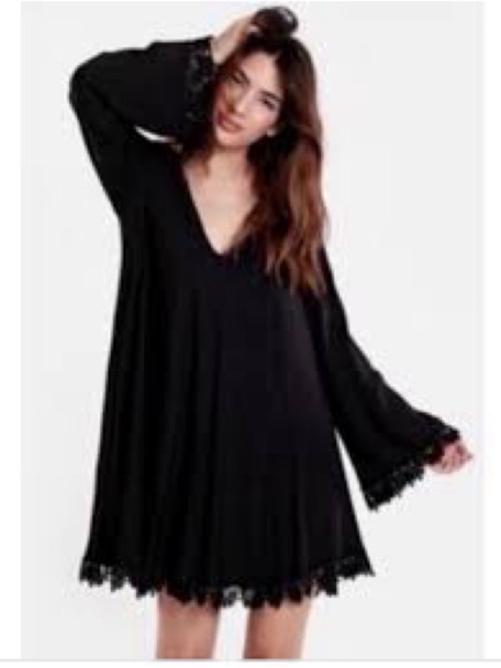 For Love & Lemons Women's Angelic Long Sleeve Dress Lace Trim Black Sz XS